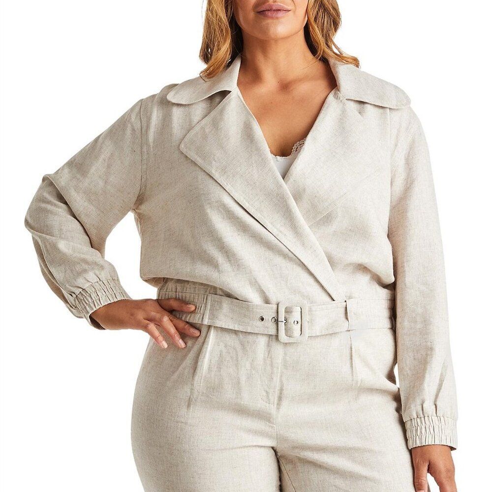 Estelle Light Beige Huntington Linen Blend Belted Cropped Jacket Size 1X